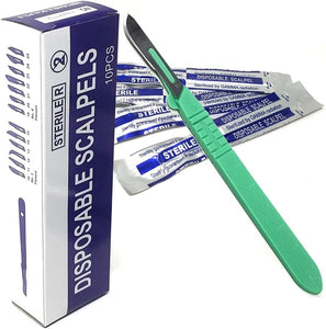 Disposable Scalpels #10, High-Carbon Steel Blades, Plastic Handle, Sterile,  Box of 10
