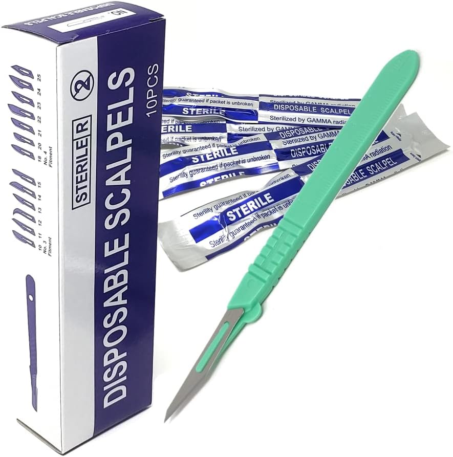 Disposable Scalpels #11, High-Carbon Steel Blades, Plastic Handle, Sterile,  Box of 10