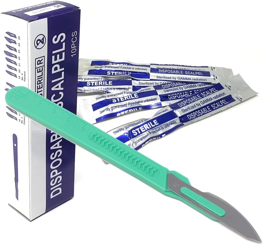 Disposable Scalpels #24, High-Carbon Steel Blades, Plastic Handle, Sterile,  Box of 10