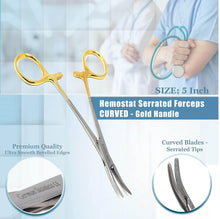 Load image into Gallery viewer, Mosquito Hemostat Forceps 5&quot; Curved, Stainless Steel, Gold Handle
