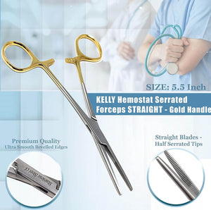 Kelly Hemostat Forceps 5.5" Straight, Stainless Steel, Gold Handle