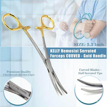 Load image into Gallery viewer, Kelly Hemostat Forceps 5.5&quot; Curved, Stainless Steel, Gold Handle
