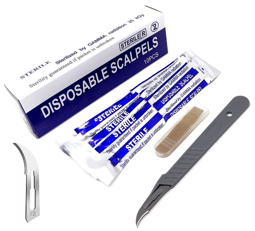 Disposable Scalpels #12, High-Carbon Steel Blades, Plastic Handle, Sterile,  Box of 10