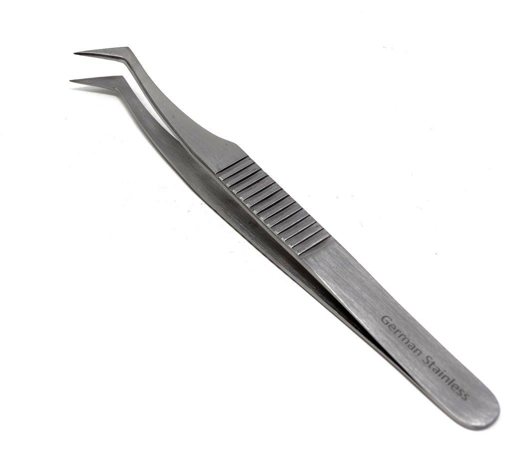 Stainless Steel 3D 5D 6D Volume False Eyelash Extension Tweezers Semi Angled, Ridged Handle, Premium Quality