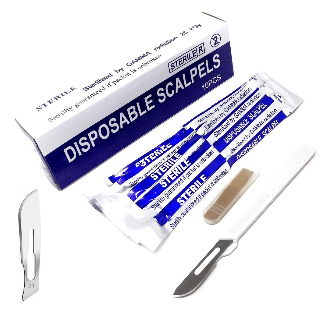 Disposable Scalpels #21, High-Carbon Steel Blades, Plastic  Handle, Sterile,  Box of 10