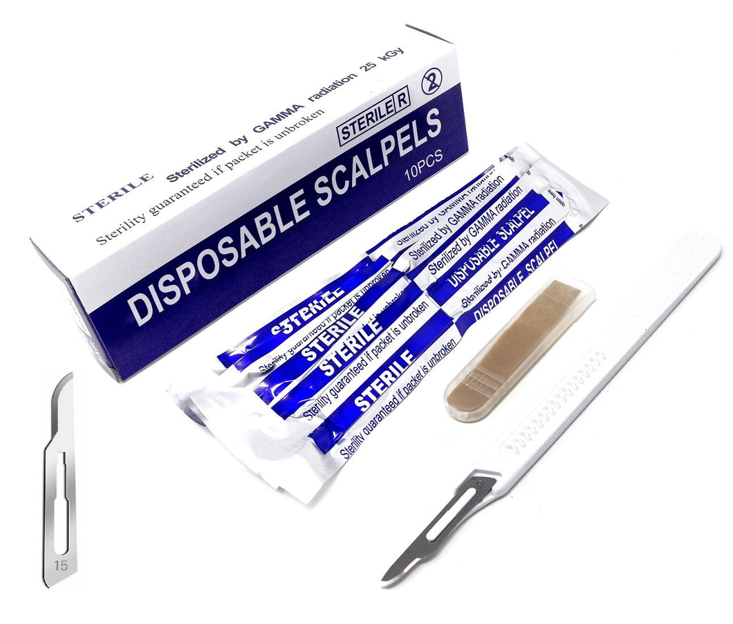 Disposable Scalpels #15, High-Carbon Steel Blades, Plastic Handle, Sterile,  Box of 10
